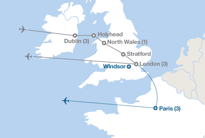 Image displaying map describing the itinerary of the Dublin and London tour
