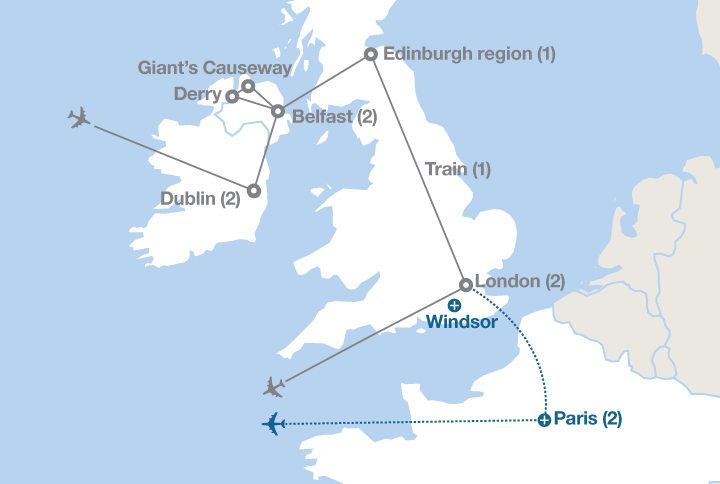 Image displaying map describing the itinerary of the Capitals of the British Isles tour