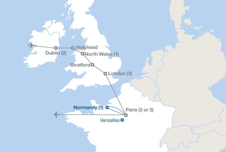 Image displaying map describing the itinerary of the Dublin, London and Paris tour