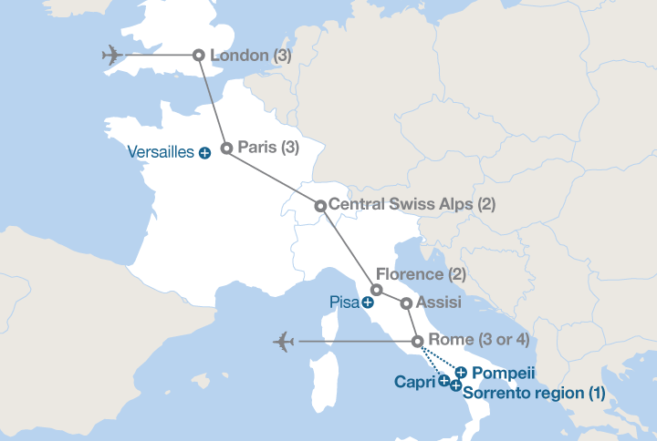 Image displaying map describing the itinerary of the Europe at Leisure tour