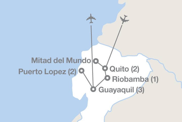 Image displaying map describing the itinerary of the Experience Ecuador tour