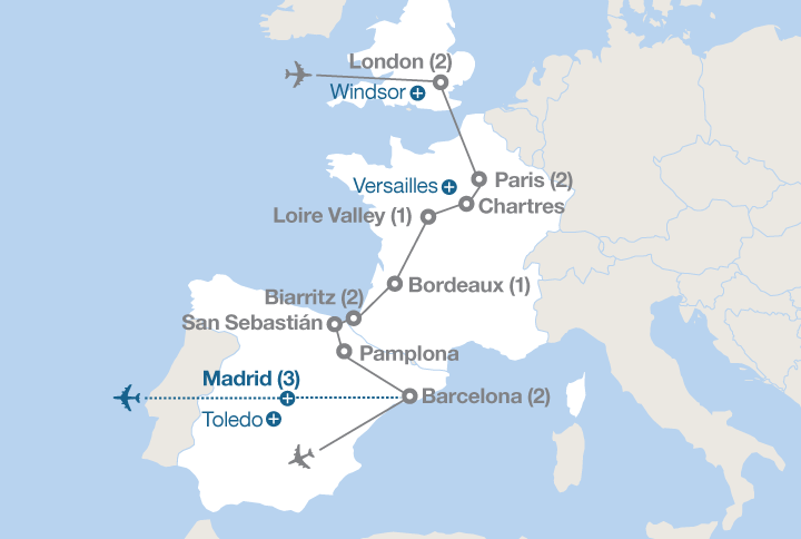 Image displaying map describing the itinerary of the England, France and Spain tour