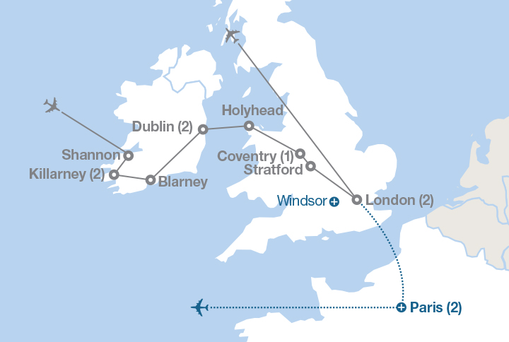 Image displaying map describing the itinerary of the England, Ireland and Wales tour