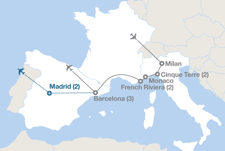 Image displaying map describing the itinerary of the Europe's Mediterranean Coast tour