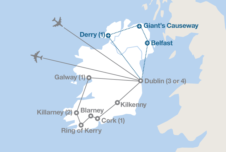 Image displaying map describing the itinerary of the The Emerald Isle tour