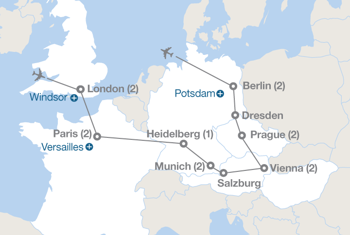 Image displaying map describing the itinerary of the European Mosaic tour