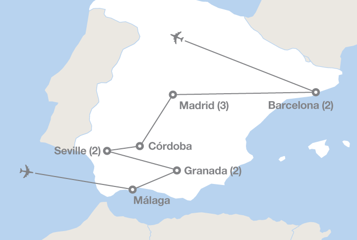 Image displaying map describing the itinerary of the Experience Spain tour