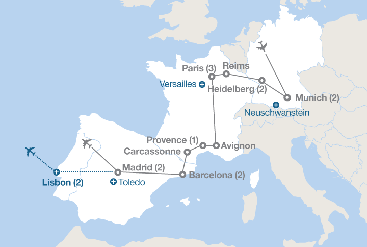 Image displaying map describing the itinerary of the Germany, France and Spain tour