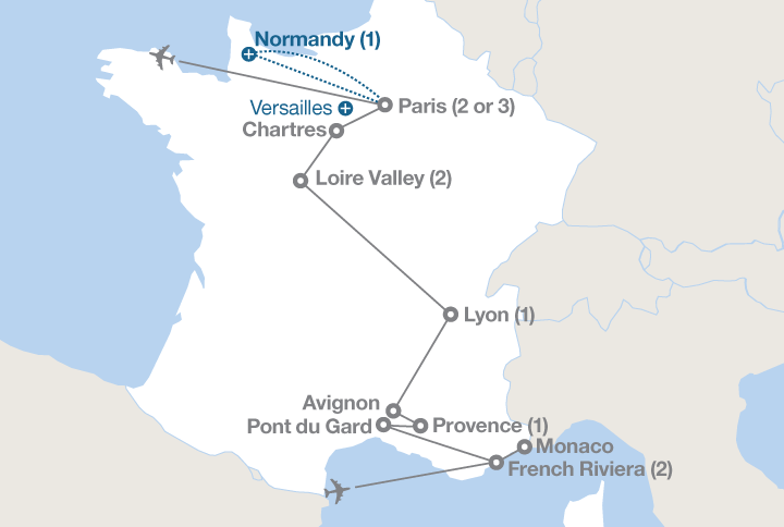 Image displaying map describing the itinerary of the Paris, the Loire and the Riviera tour