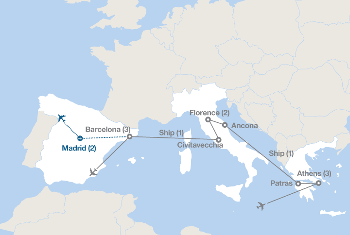 Image displaying map describing the itinerary of the Greece, Italy and Spain  tour