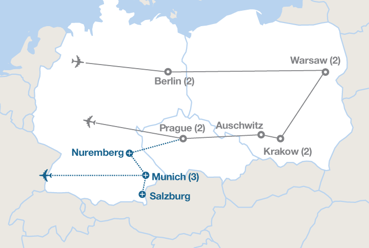 Image displaying map describing the itinerary of the Central Europe and the Holocaust tour