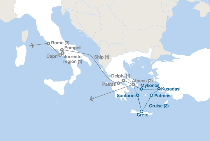 Image displaying map describing the itinerary of the Italy and Greece (R) tour