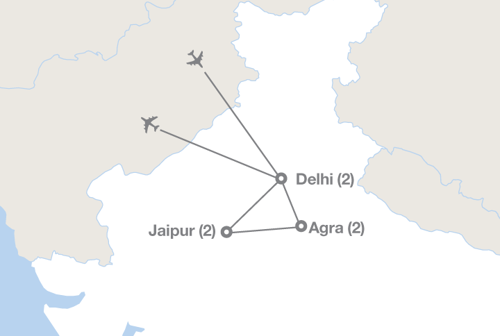 Image displaying map describing the itinerary of the India's Golden Triangle tour