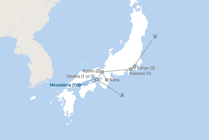 Image displaying map describing the itinerary of the Japan: Land of the Rising Sun tour