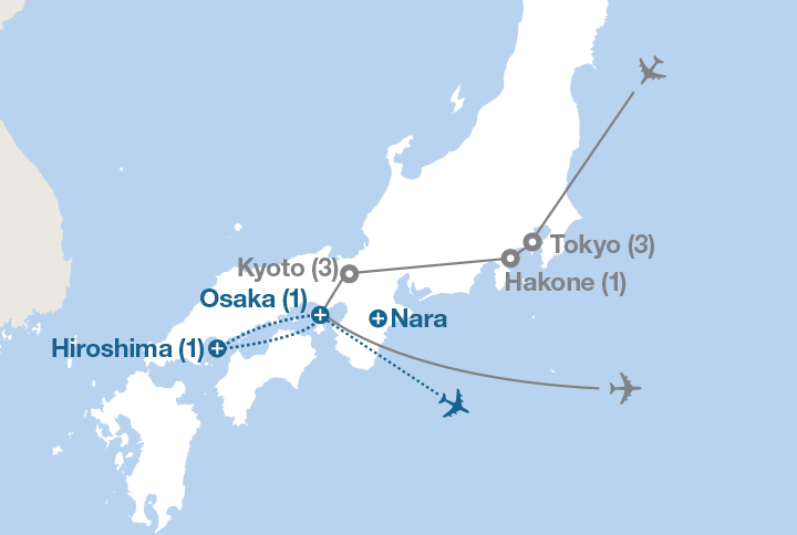 Image displaying map describing the itinerary of the Japan: Land of the Rising Sun tour