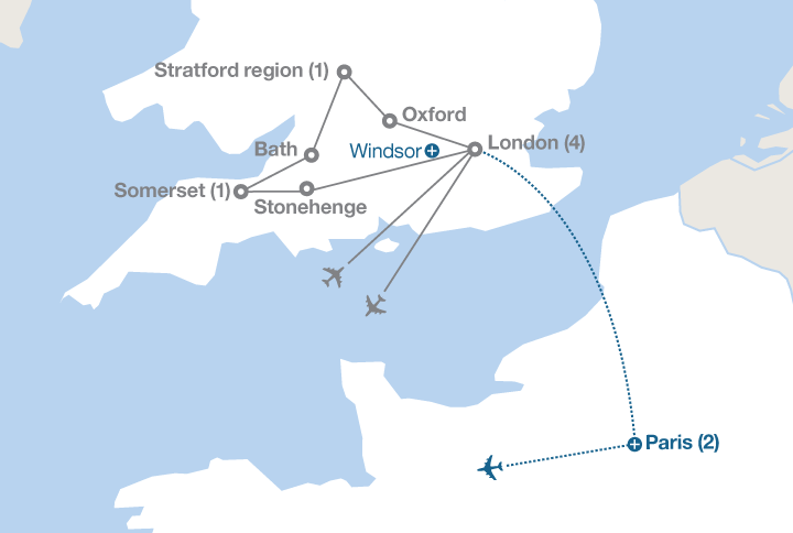 Image displaying map describing the itinerary of the Best of England tour