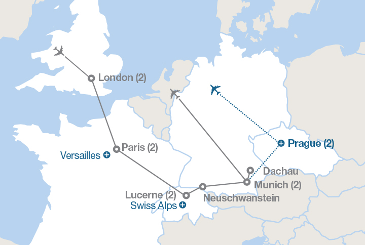 Image displaying map describing the itinerary of the London, Paris and the Alps tour