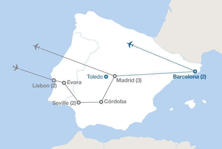 Image displaying map describing the itinerary of the Lisbon, Seville and Madrid tour