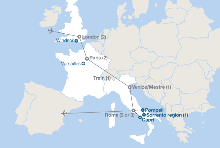 Image displaying map describing the itinerary of the London, Paris, Venice and Rome tour