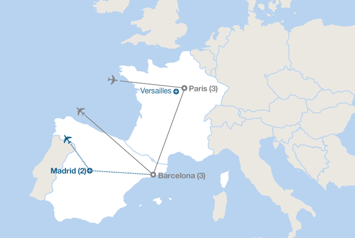 Image displaying map describing the itinerary of the Paris and Barcelona tour