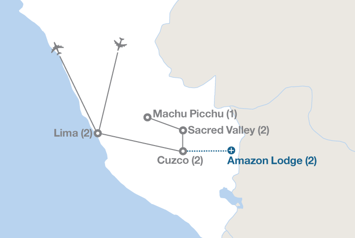 Image displaying map describing the itinerary of the Peru: Land of the Inca tour
