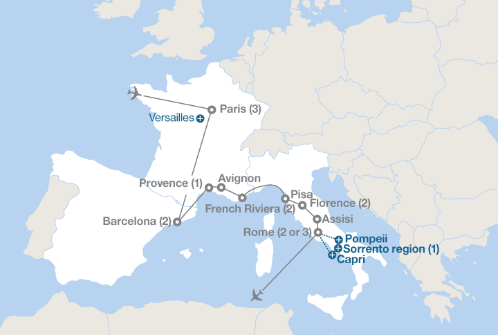 Image displaying map describing the itinerary of the Paris and Mediterranean Europe tour