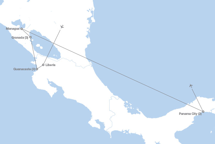 Image displaying map describing the itinerary of the Panama, Nicaragua and Costa Rica tour