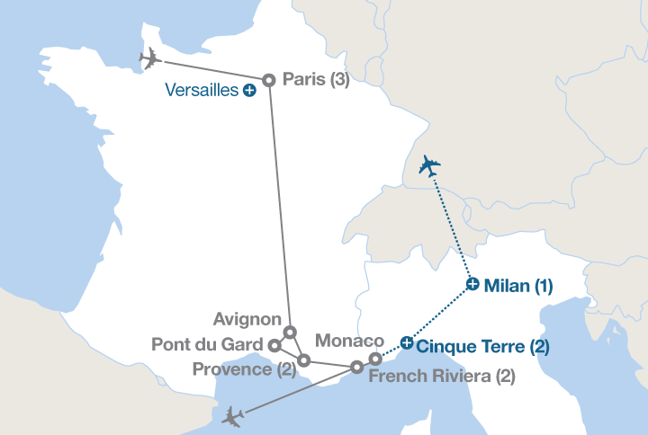 Image displaying map describing the itinerary of the Paris and the Riviera tour