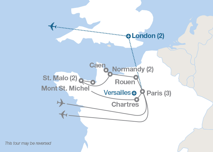 Image displaying map describing the itinerary of the Paris, Normandy and Brittany tour