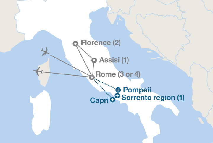 Image displaying map describing the itinerary of the Florence and Rome tour