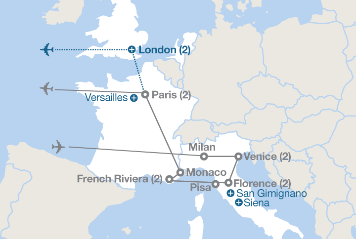 Image displaying map describing the itinerary of the Paris, Florence and Venice tour