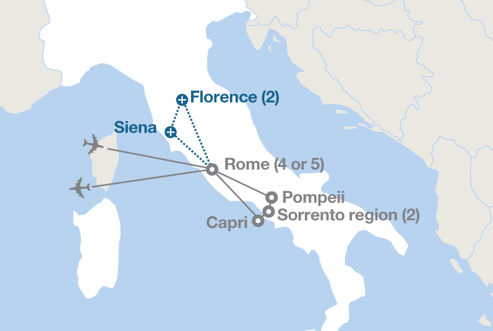 Image displaying map describing the itinerary of the Rome and Sorrento tour