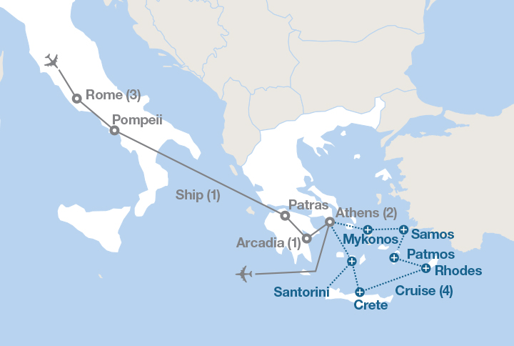 Image displaying map describing the itinerary of the From Rome to Athens (R) tour