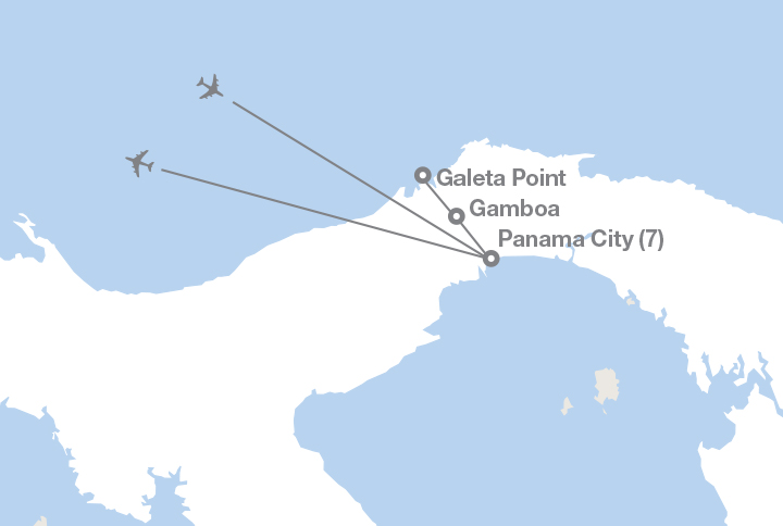 Image displaying map describing the itinerary of the Waterways and Wetlands in Panama tour