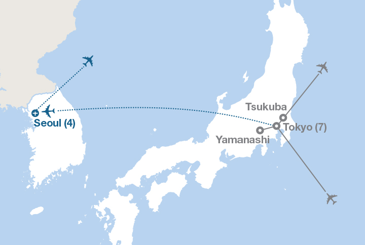 Image displaying map describing the itinerary of the Robotics, Engineering, and the Future of Cities in Japan tour