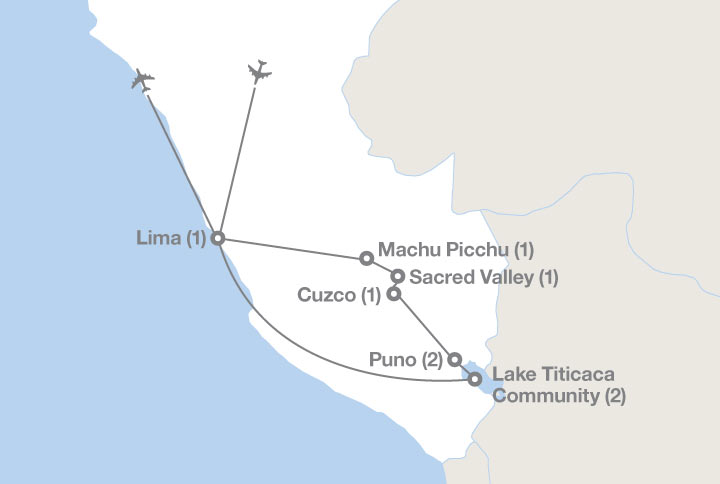 Image displaying map describing the itinerary of the Supporting Sustainability on the Shores of Lake Titicaca tour