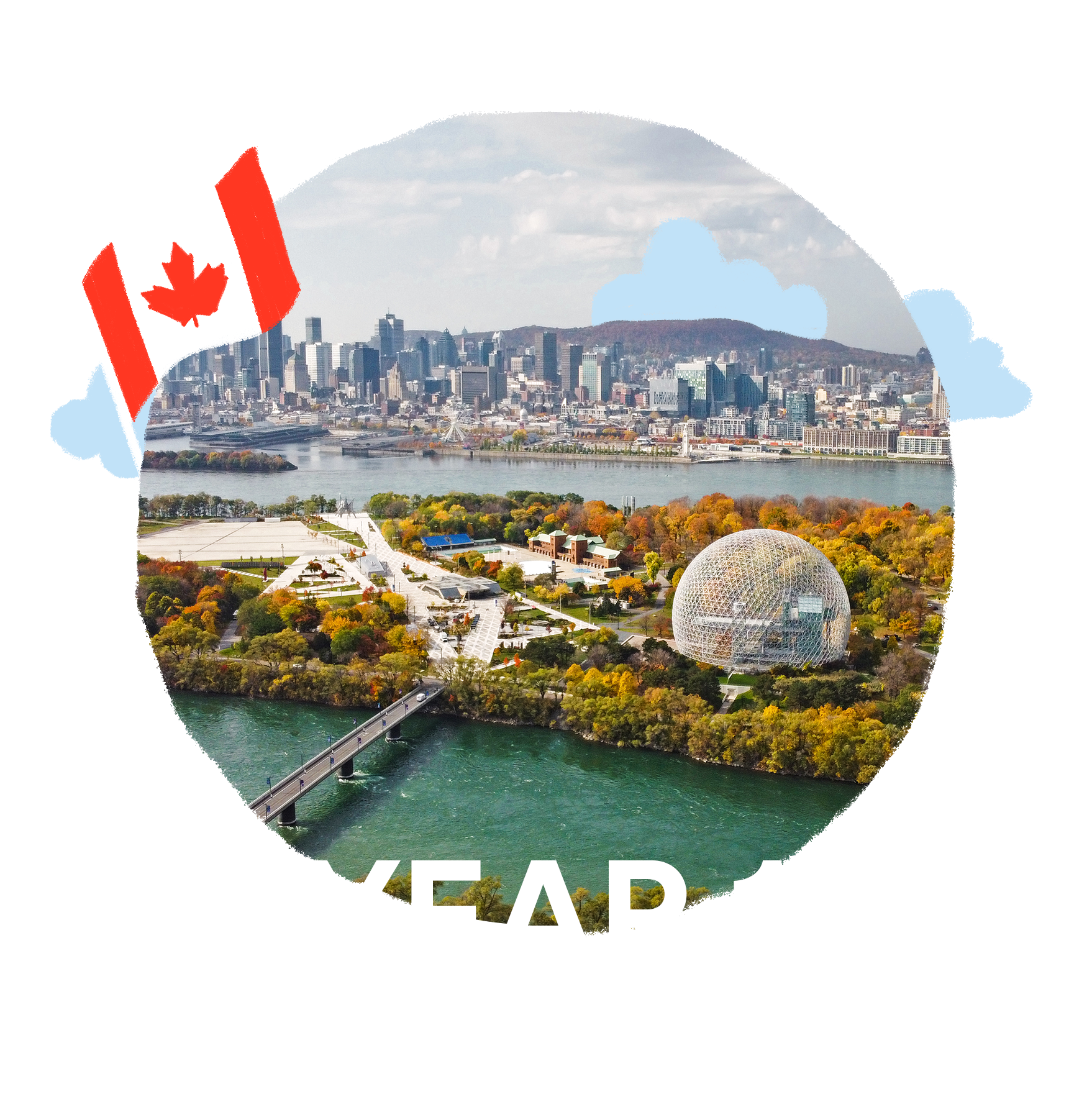 aerial photo of montreal with text reading year one