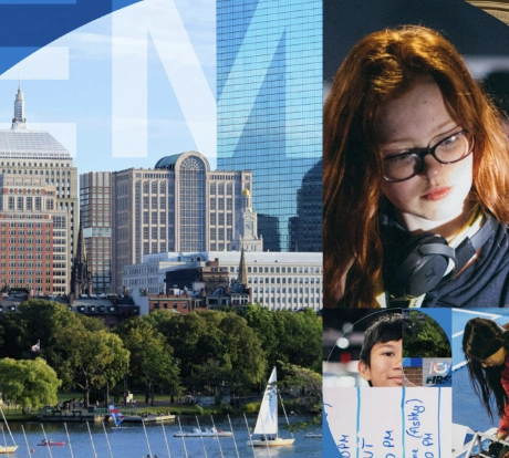A collage of city skylines and students learning during their Boston STEM trip