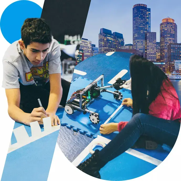 Students at a robotics workshop on their STEM trip to Boston