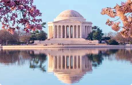Colorful image of the Thomas Jefferson Memorial, which is not a new destination for EF but a favorite of student travelers, surrounded by cherry blossoms in Washington, D.C.