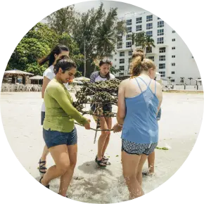 A group of students on a beach work together on a school service trip 